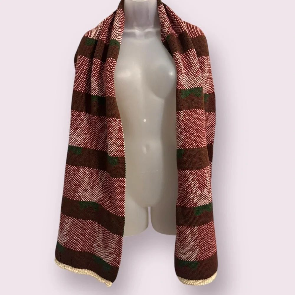 Holiday Knit Scarf Red Reindeer Pattern Winter Wrap OS